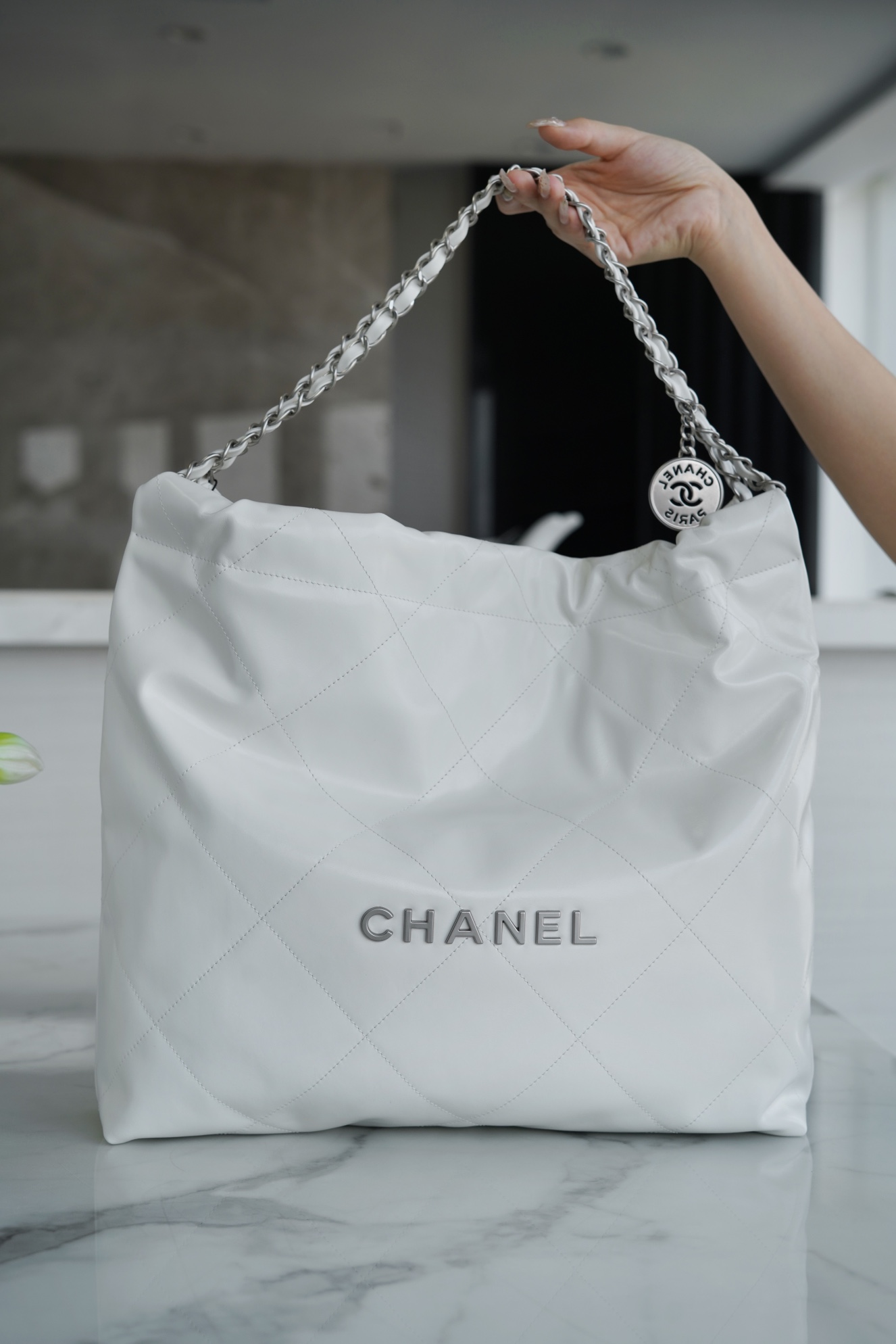 CHANEL 22P Bag Medium White with Silver Button