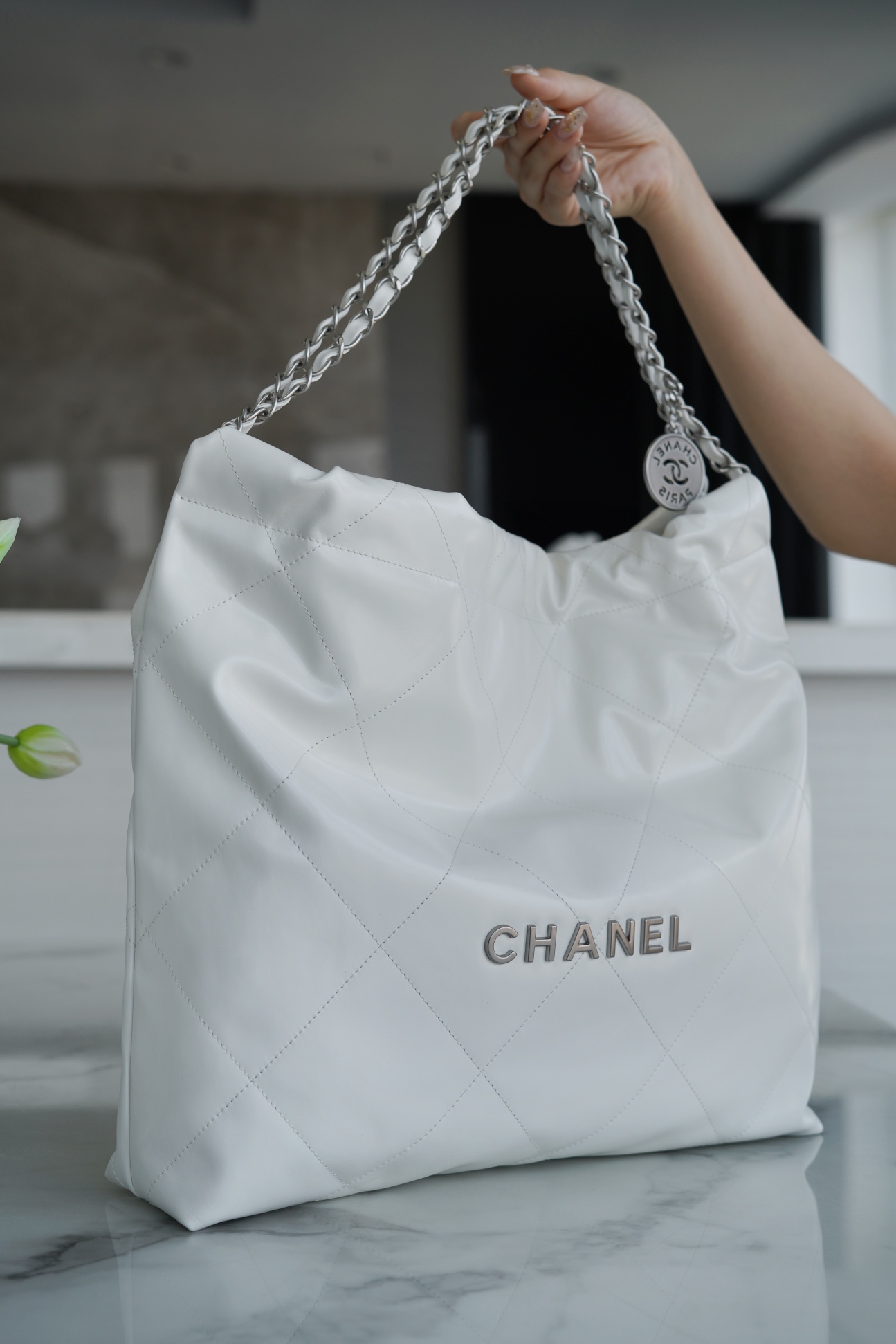 CHANEL 22P Bag Medium White with Silver Button