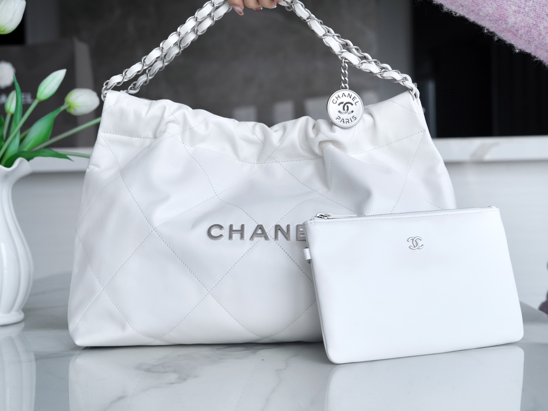 CHANEL 24C Horizontal 22 Bag White with Silver Hardware  