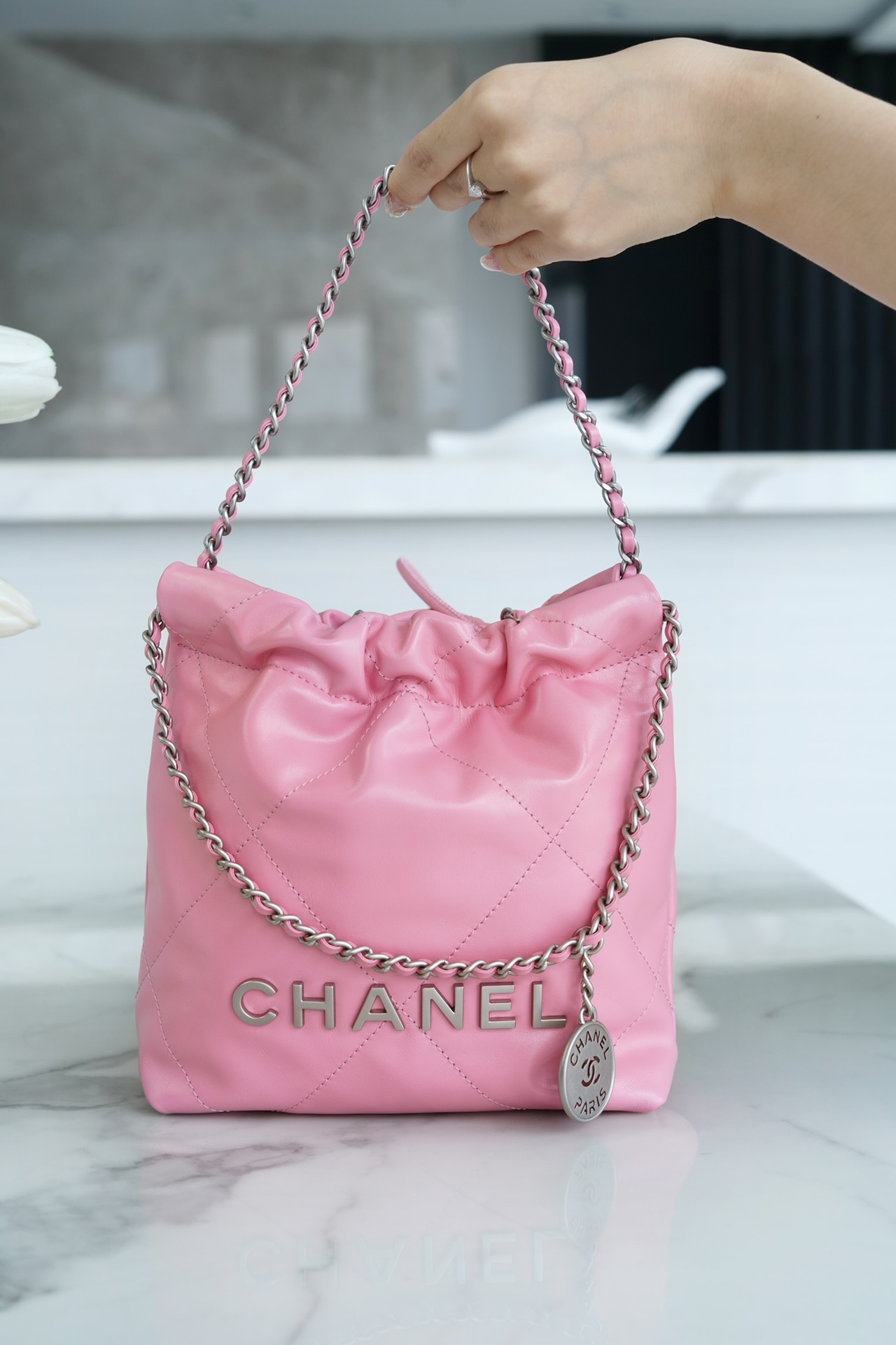 CHANEL 23S Spring/Summer New 22 Mini Bag Pink with Silver Hardware Calfskin  