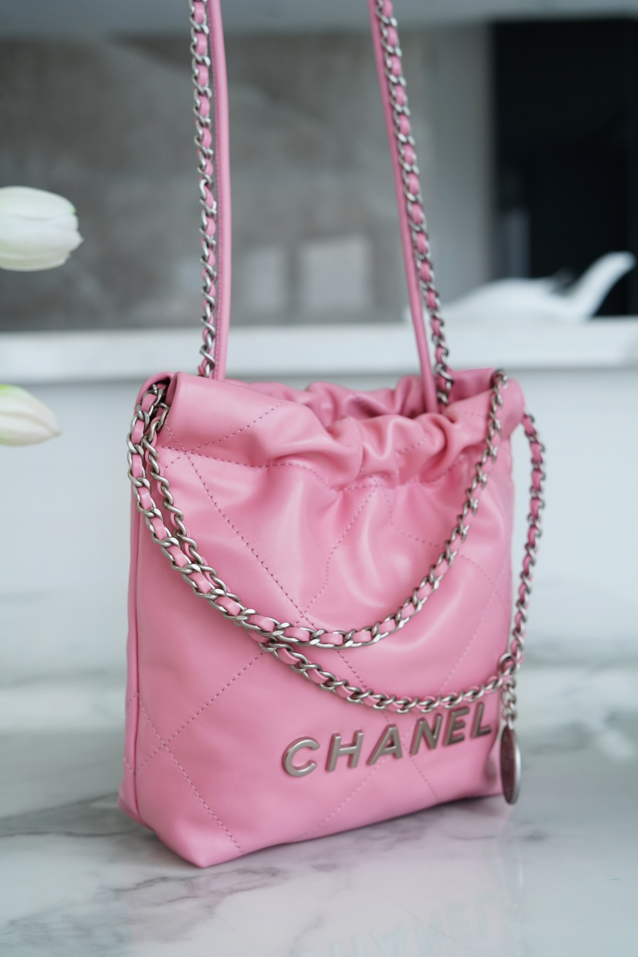 CHANEL 23S Spring/Summer New 22 Mini Bag Pink with Silver Hardware Calfskin  