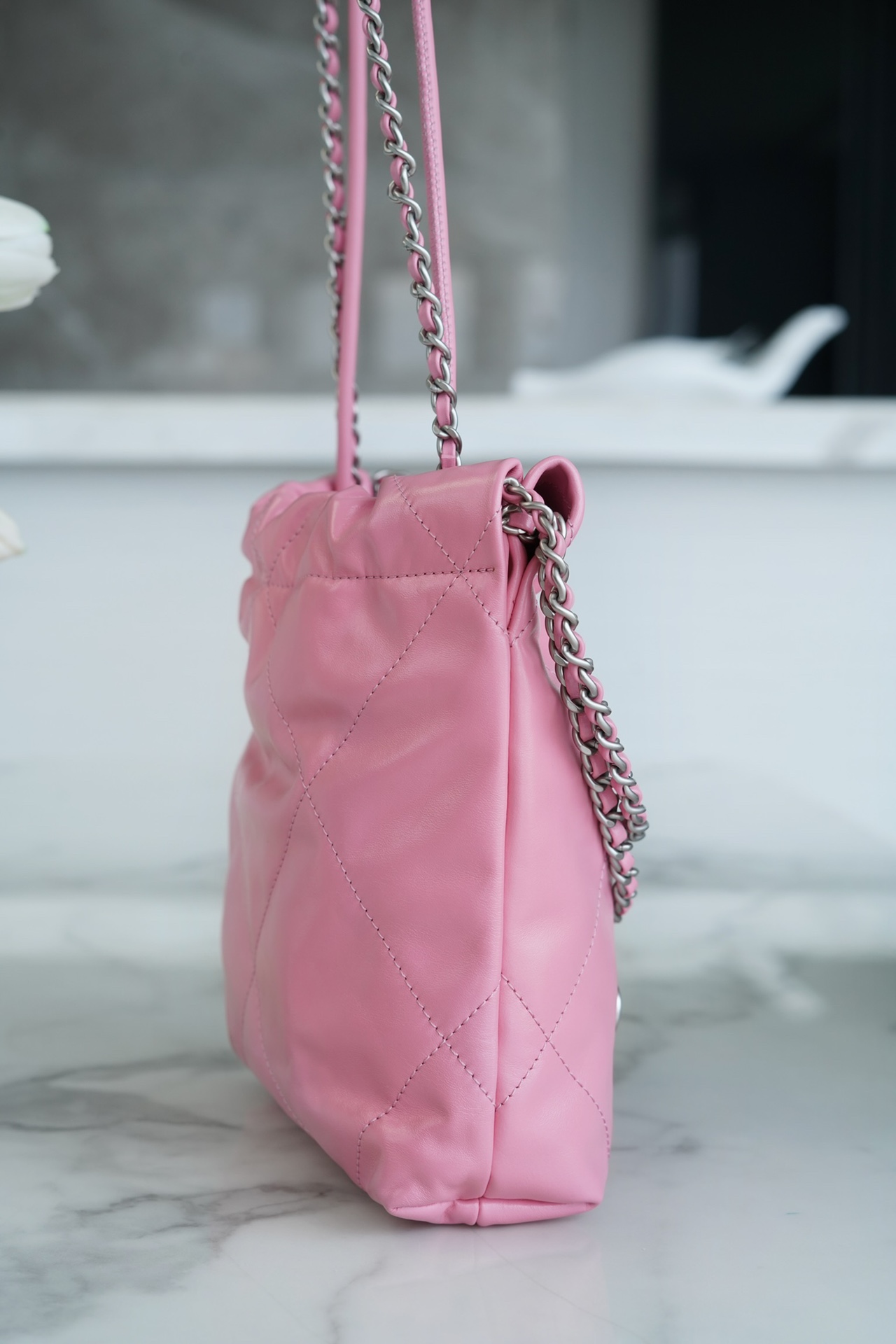 CHANEL 23S Spring/Summer New 22 Mini Bag Pink with Silver Hardware Calfskin  