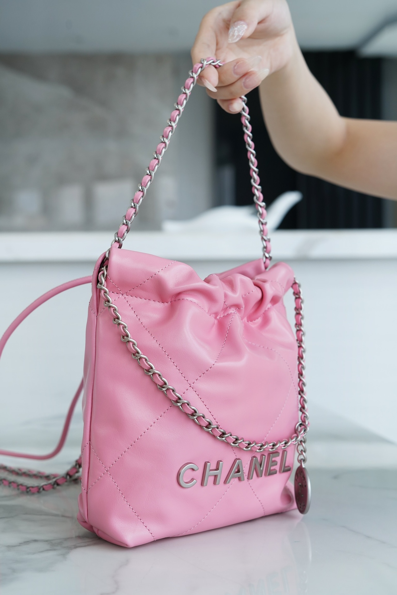 CHANEL 23S Spring/Summer New 22 Mini Bag Pink with Silver Hardware Calfskin  