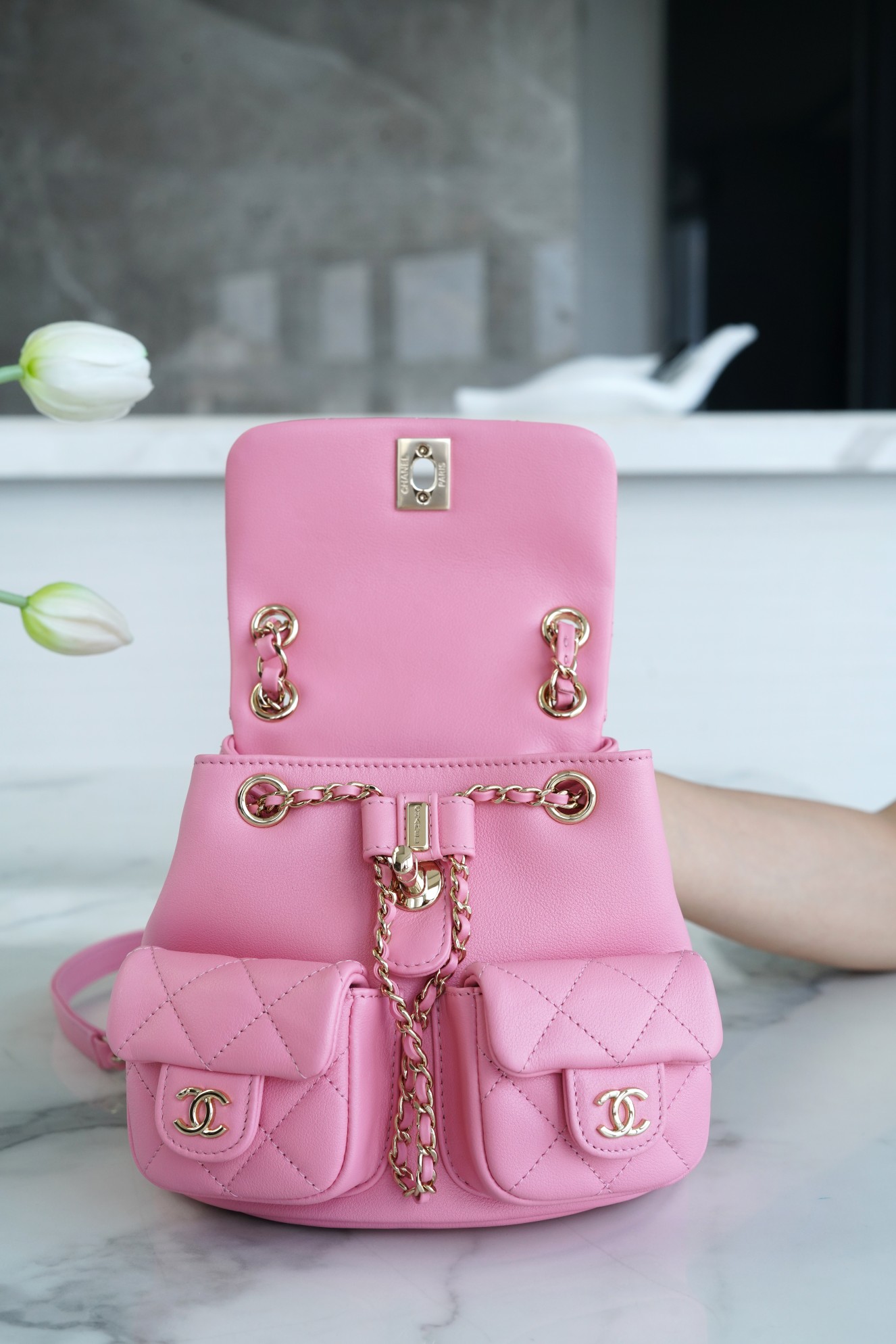 CHANEL 23P New Duma Backpack Pink Calfskin  