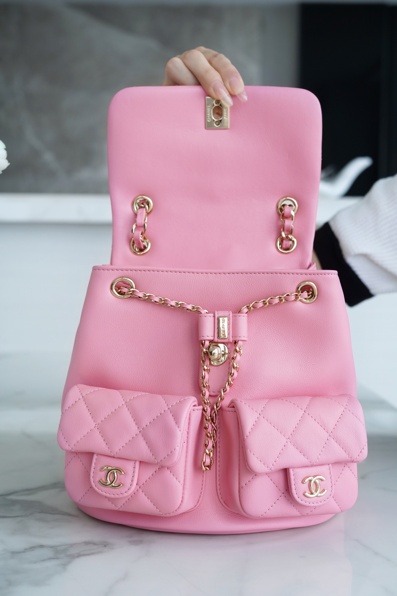 CHANEL 23A Duma Backpack Large Pink Glossy Calfskin  