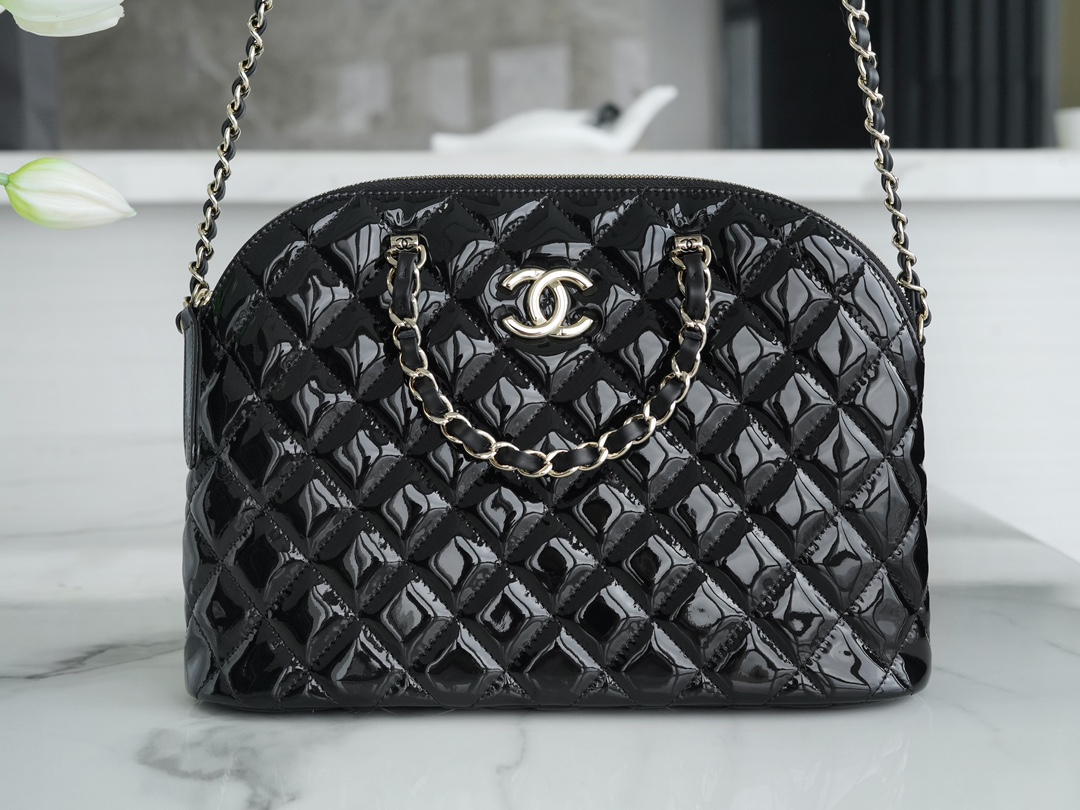 CHANEL 23S Patent Leather Shell Bag Large Black  