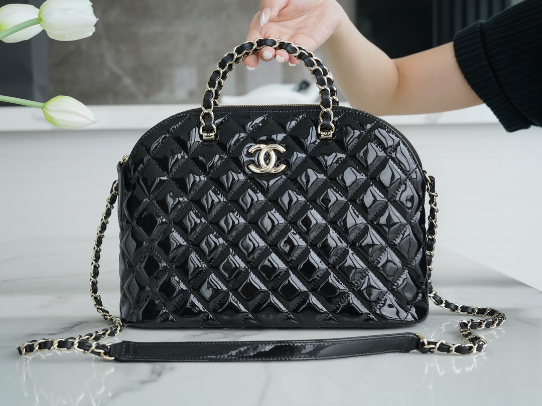 CHANEL 23S Patent Leather Shell Bag Large Black  