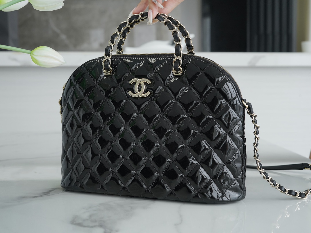 CHANEL 23S Patent Leather Shell Bag Large Black  