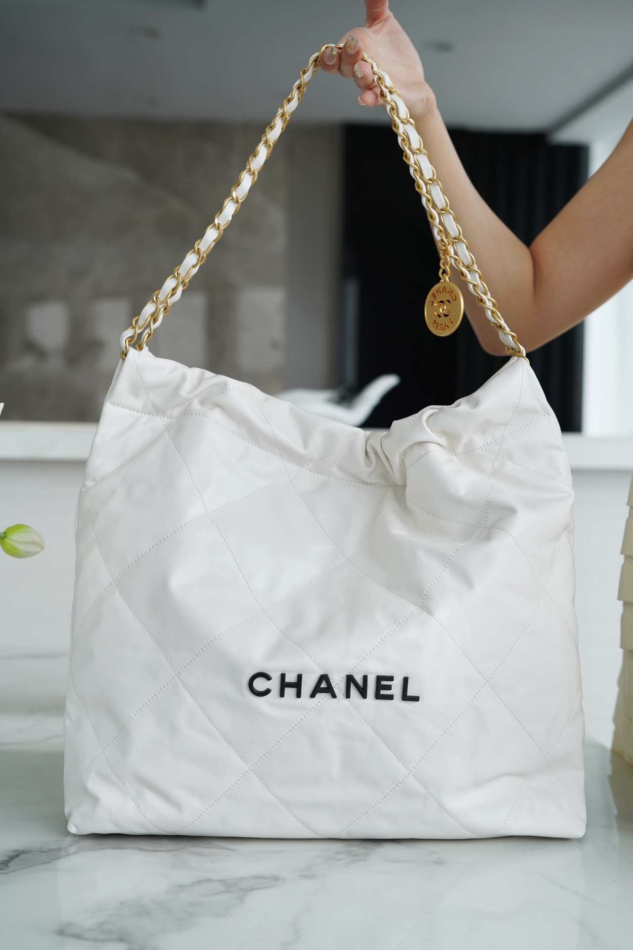 CHANEL 22P Bag Medium White with Black Hardware  