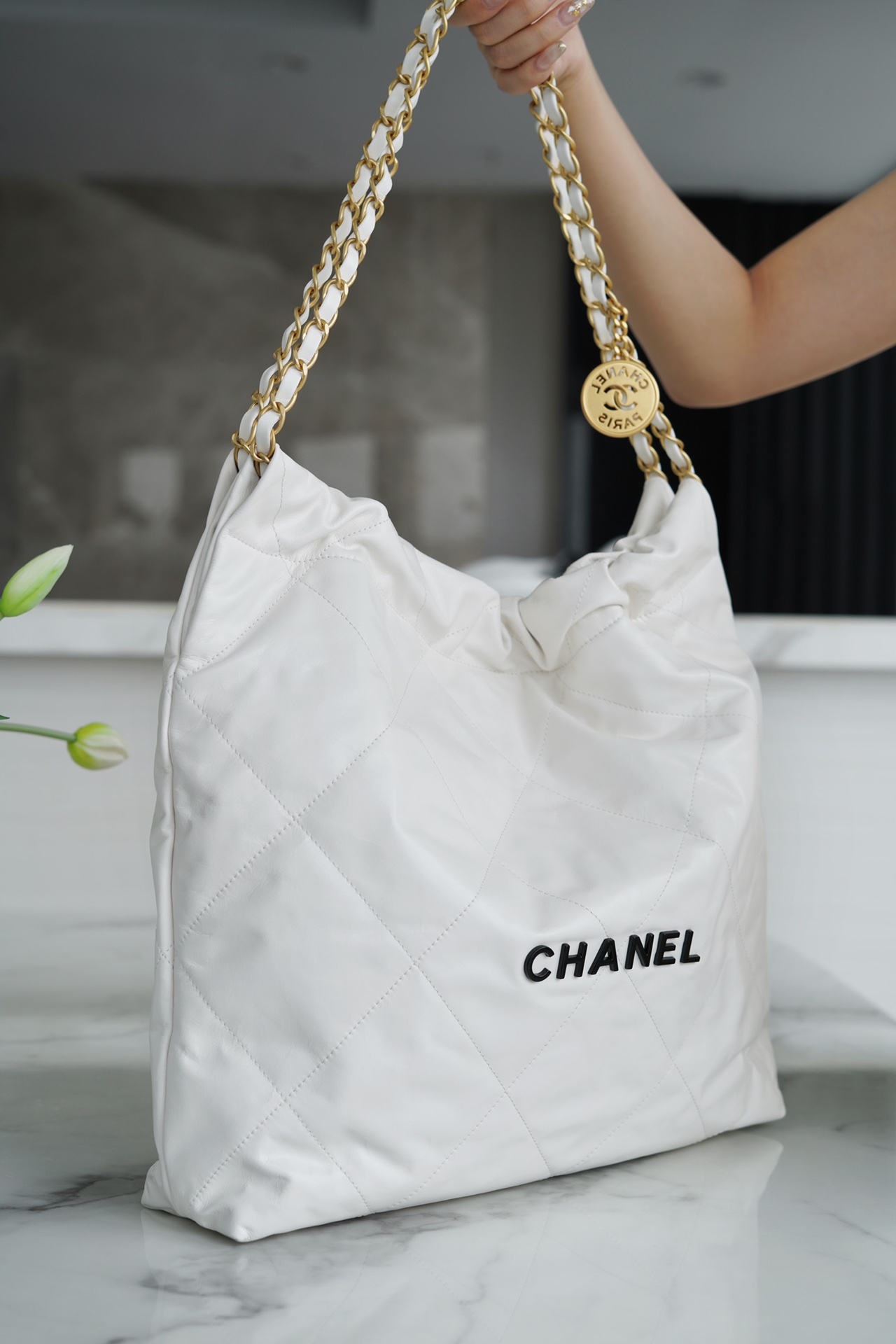 CHANEL 22P Bag Medium White with Black Hardware  