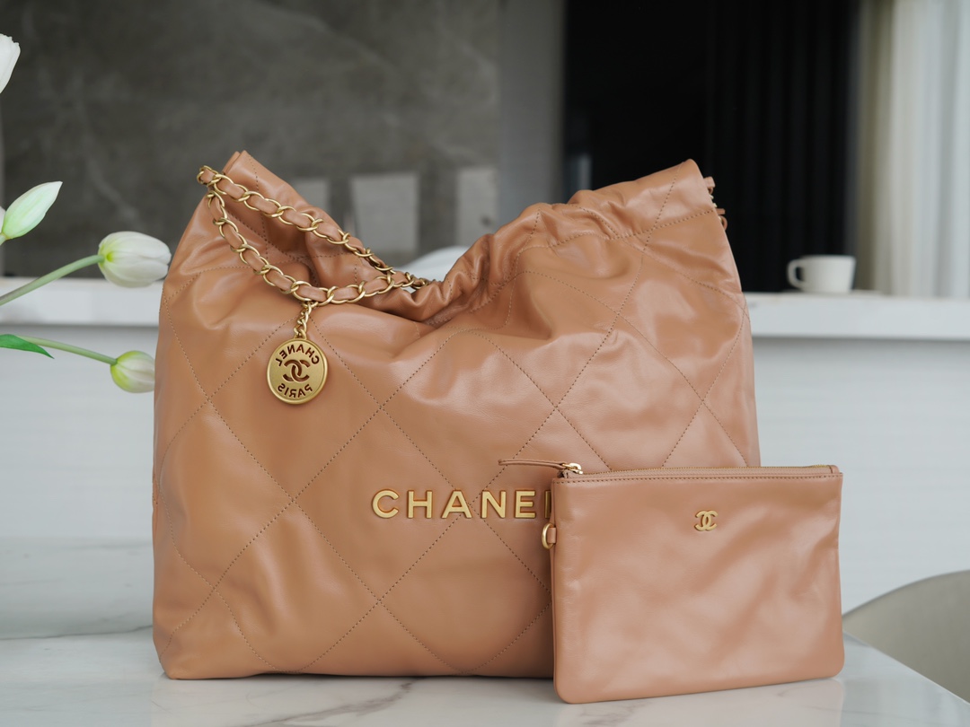 CHANEL 22 Bag Medium Milk Tea Leather  