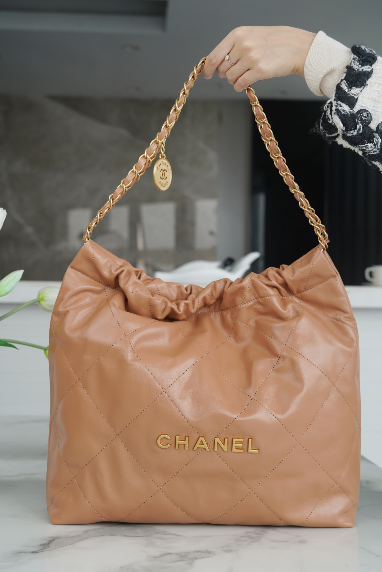 CHANEL 22 Bag Medium Milk Tea Leather  