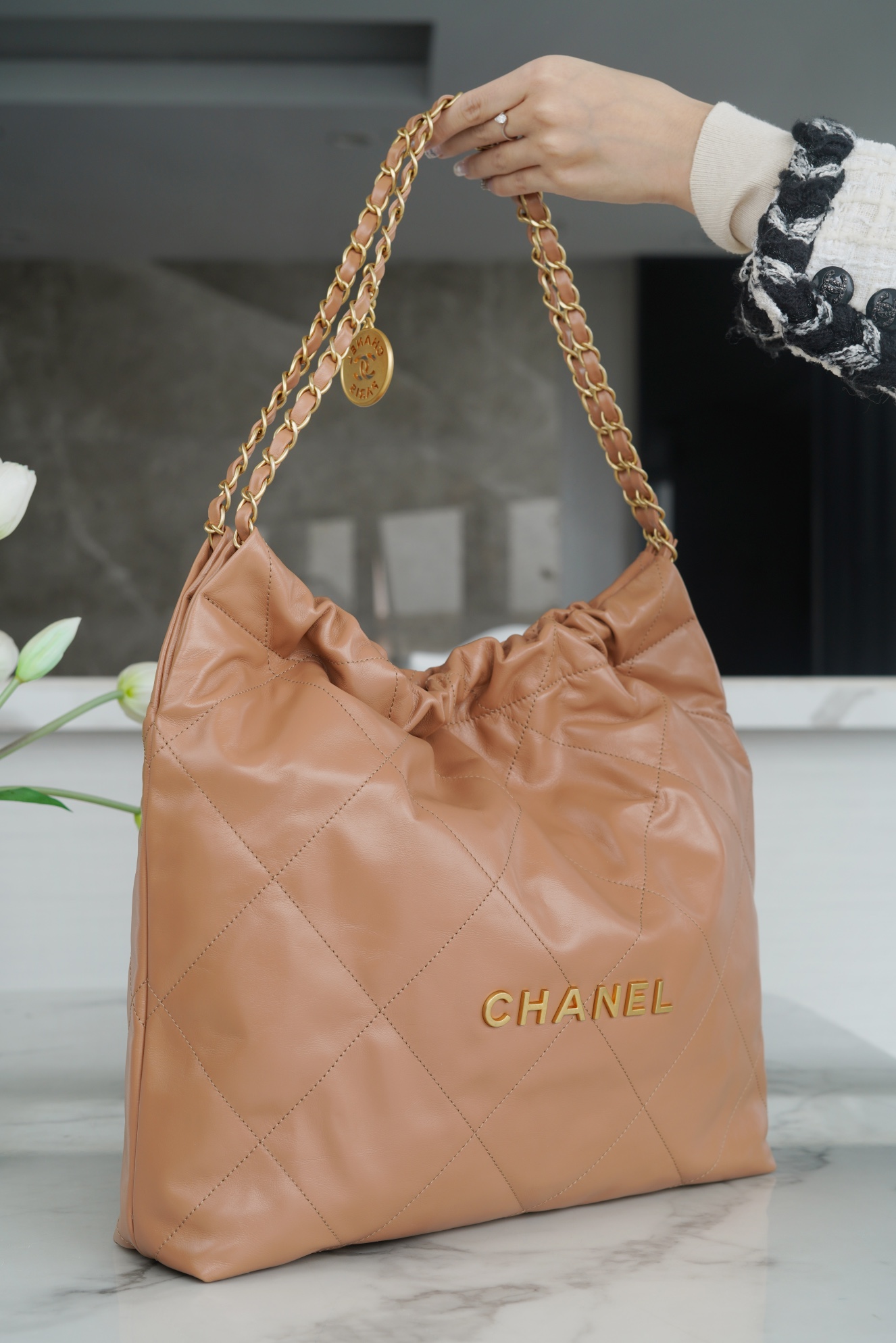 CHANEL 22 Bag Medium Milk Tea Leather  