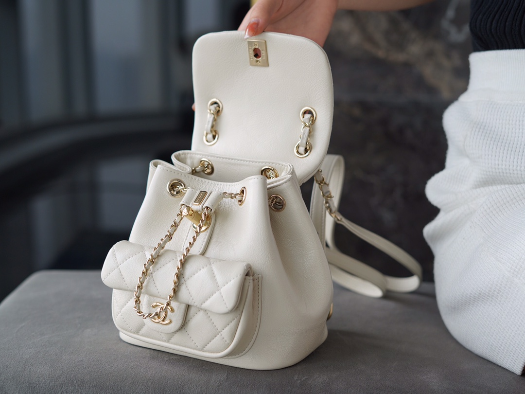 CHANEL 22C Duma Backpack Milkshake White Waxed Calfskin  