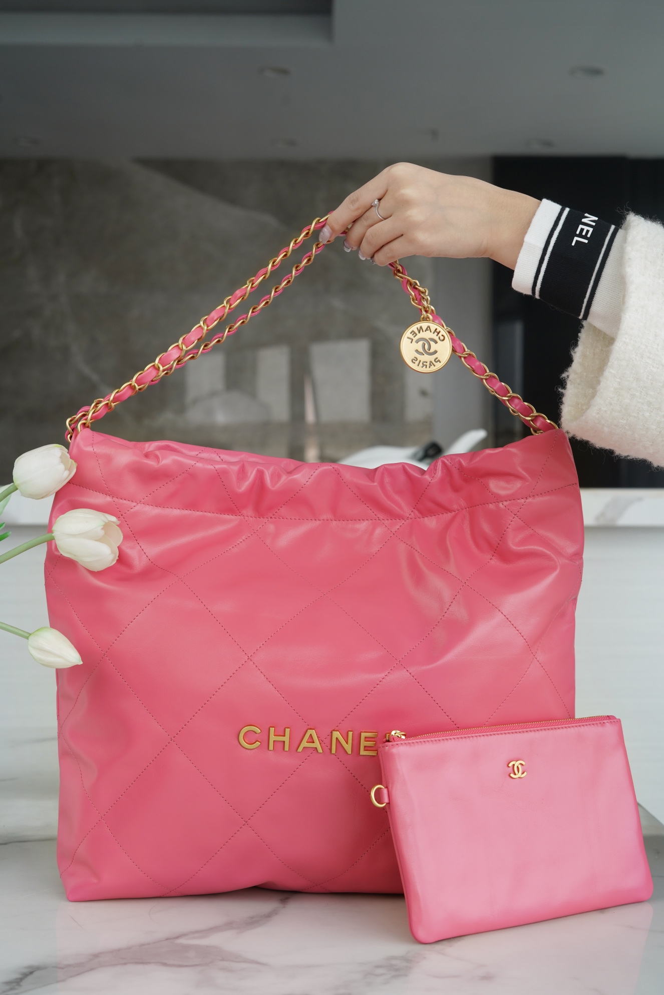 CHANEL 23C 22 Bag Medium Coral Pink Leather  