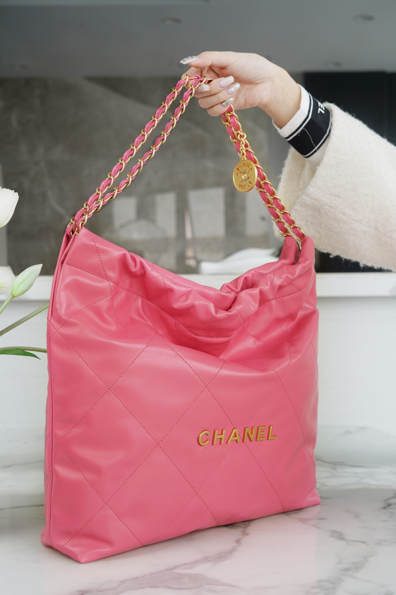 CHANEL 23C 22 Bag Medium Coral Pink Leather  