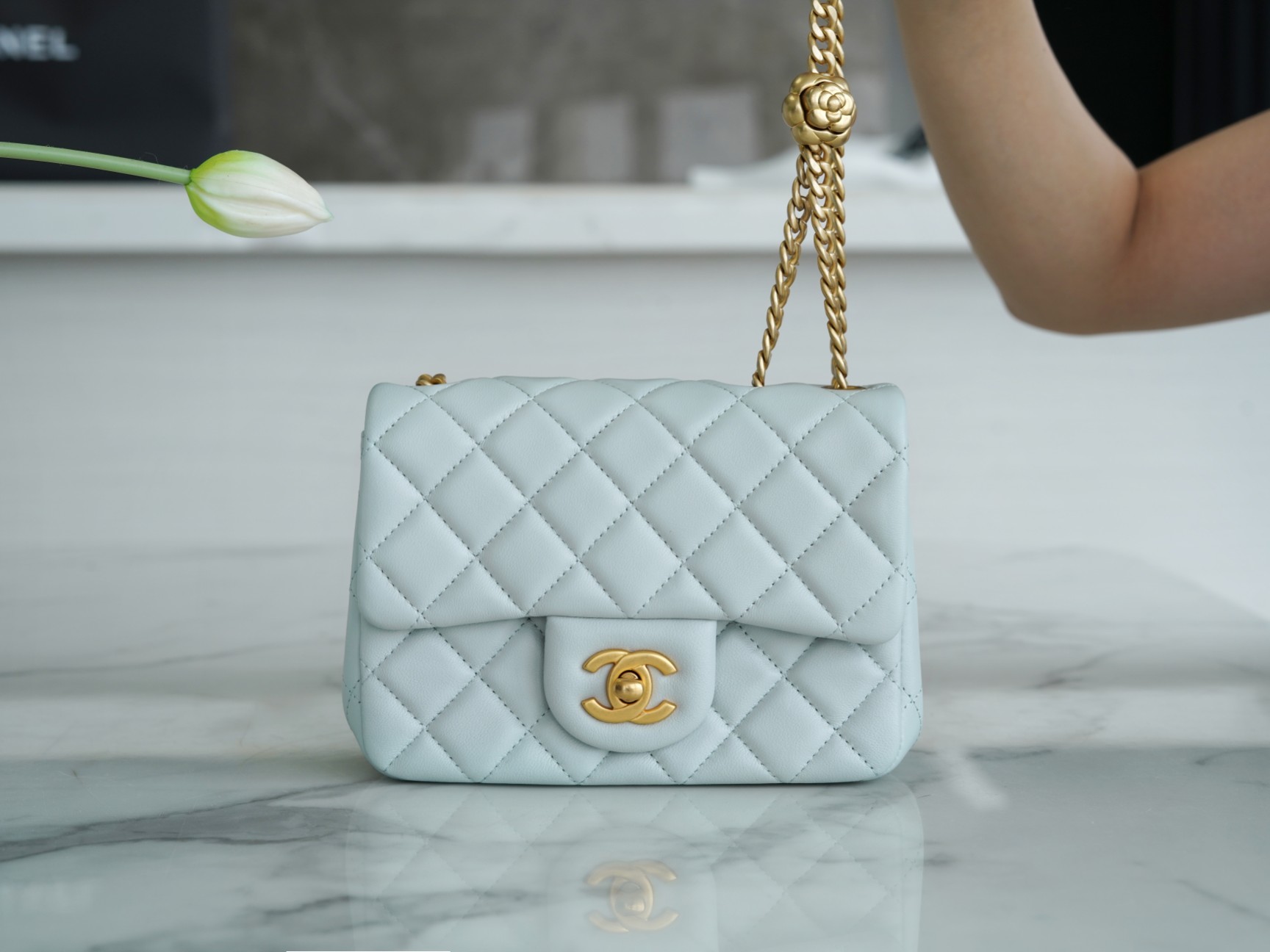 CHANEL 23S Spring/Summer New Camellia CF Flap Bag Light Blue  