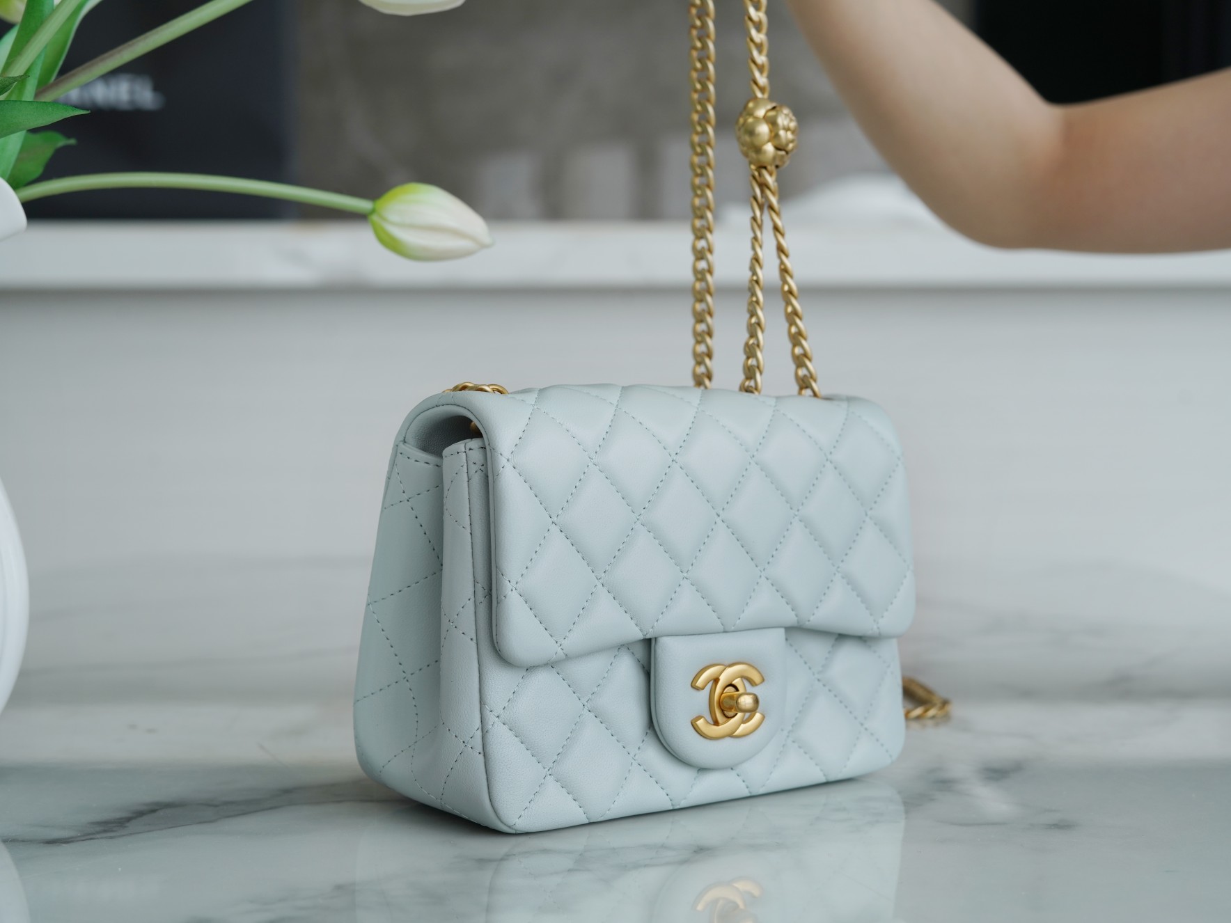 CHANEL 23S Spring/Summer New Camellia CF Flap Bag Light Blue  