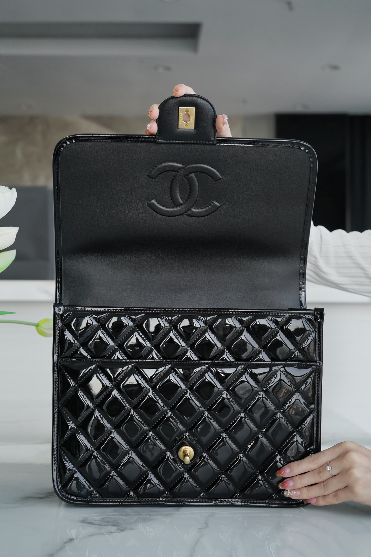 CHANEL 22K Atelier Patent Leather Backpack Vintage Lambskin  