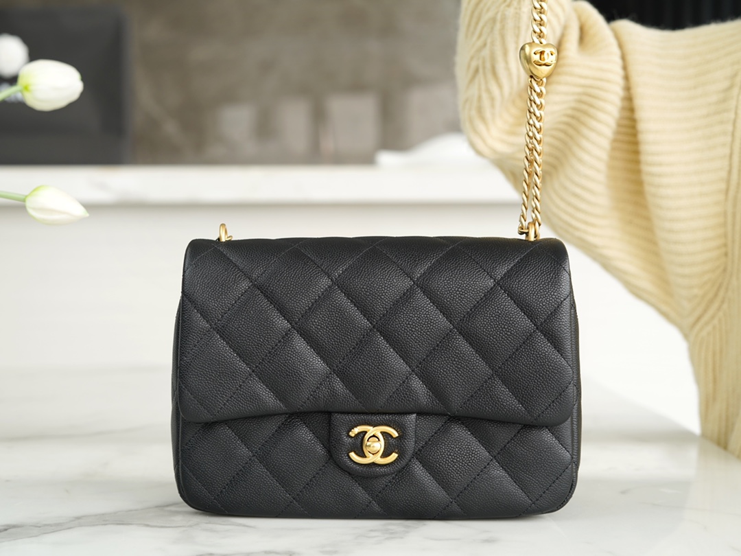 CHANEL 23P Spring/Summer New Love Heart Adjustable Mini Bag Small Black Textured Calfskin  