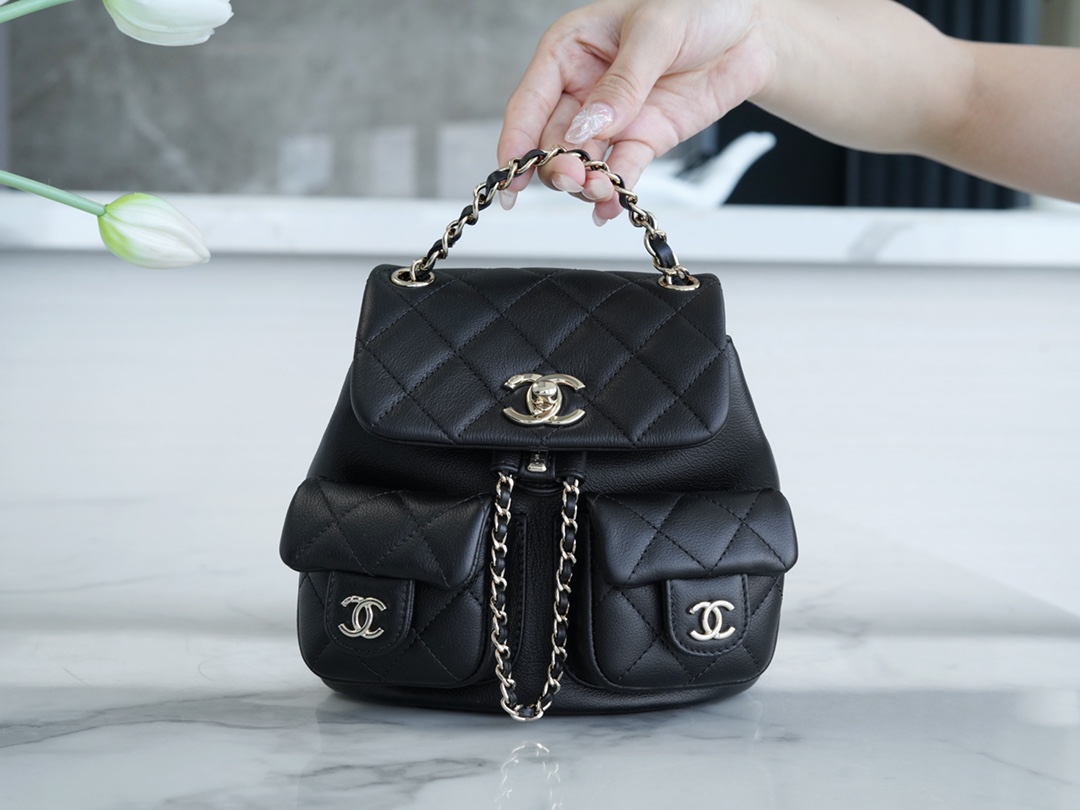 CHANEL 23A New Duma Backpack Small Black Glossy Calfskin  