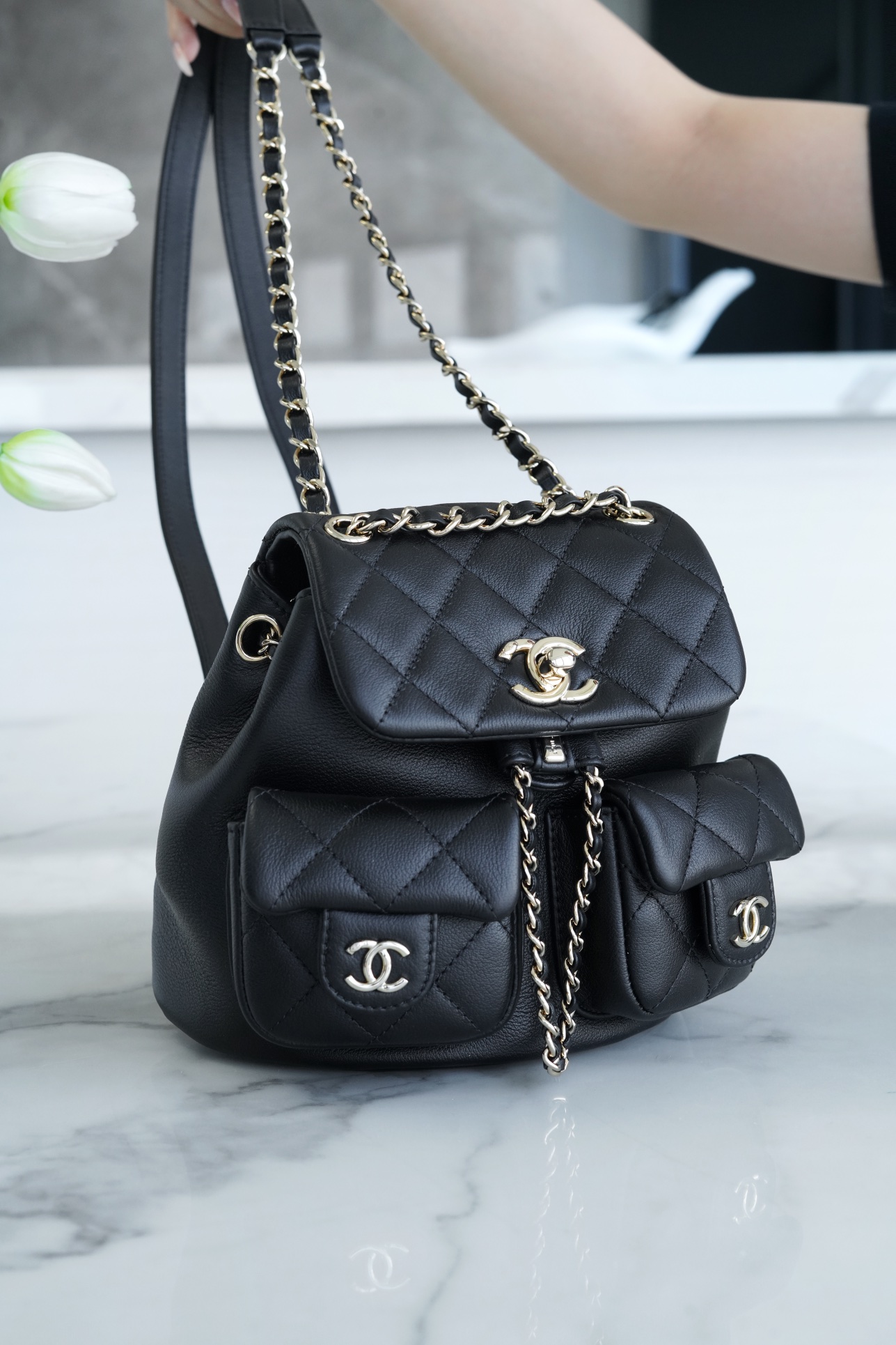 CHANEL 23A New Duma Backpack Small Black Glossy Calfskin  