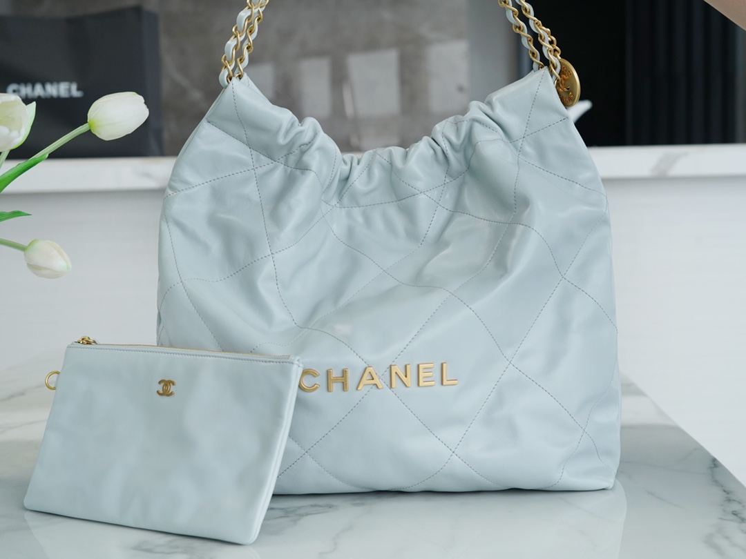 CHANEL 23C 22 Bag Medium Mist Blue Leather  