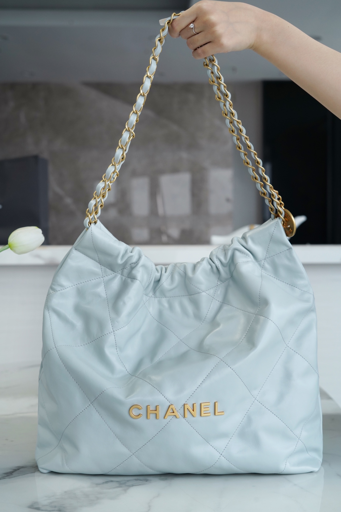 CHANEL 23C 22 Bag Medium Mist Blue Leather  