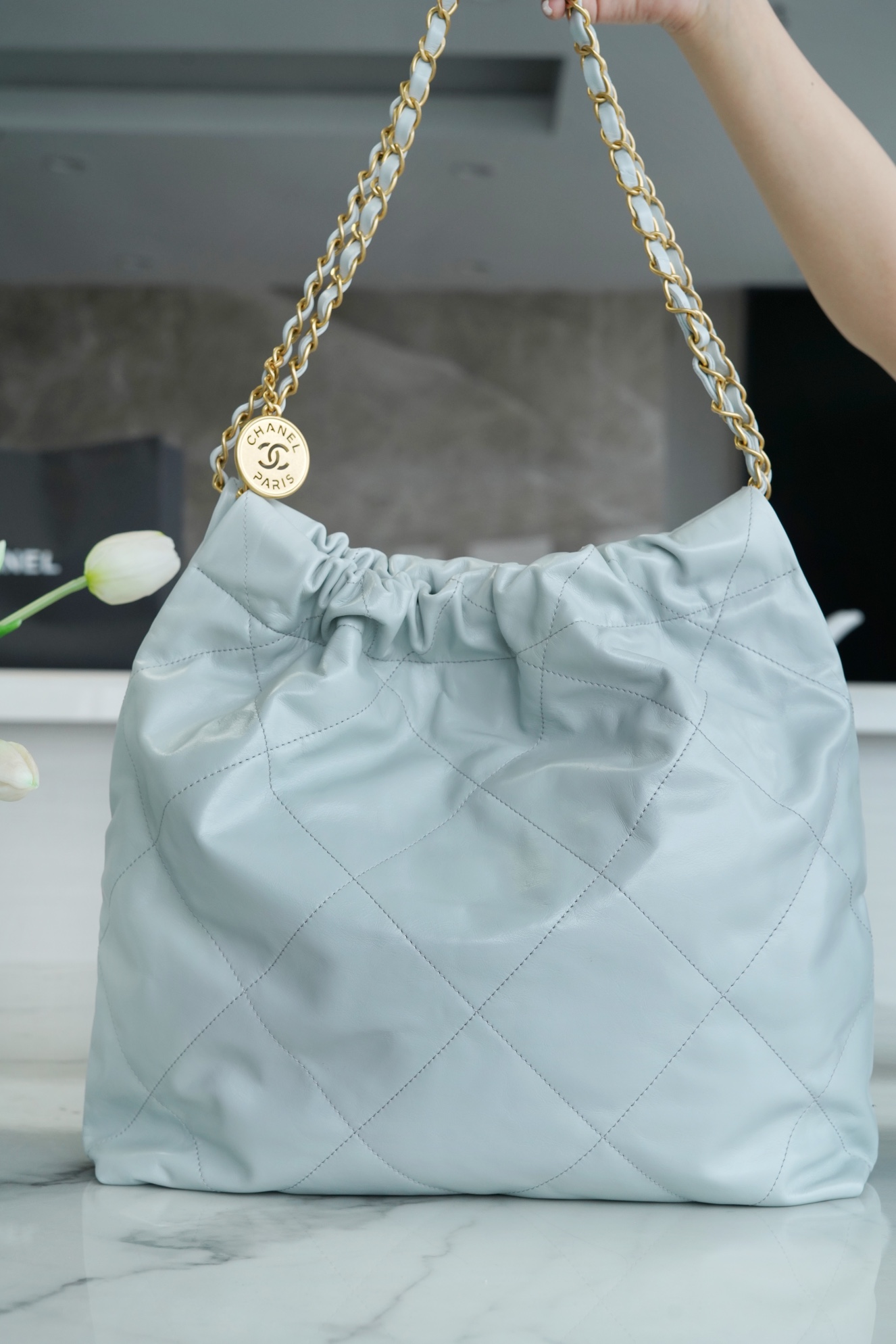 CHANEL 23C 22 Bag Medium Mist Blue Leather  