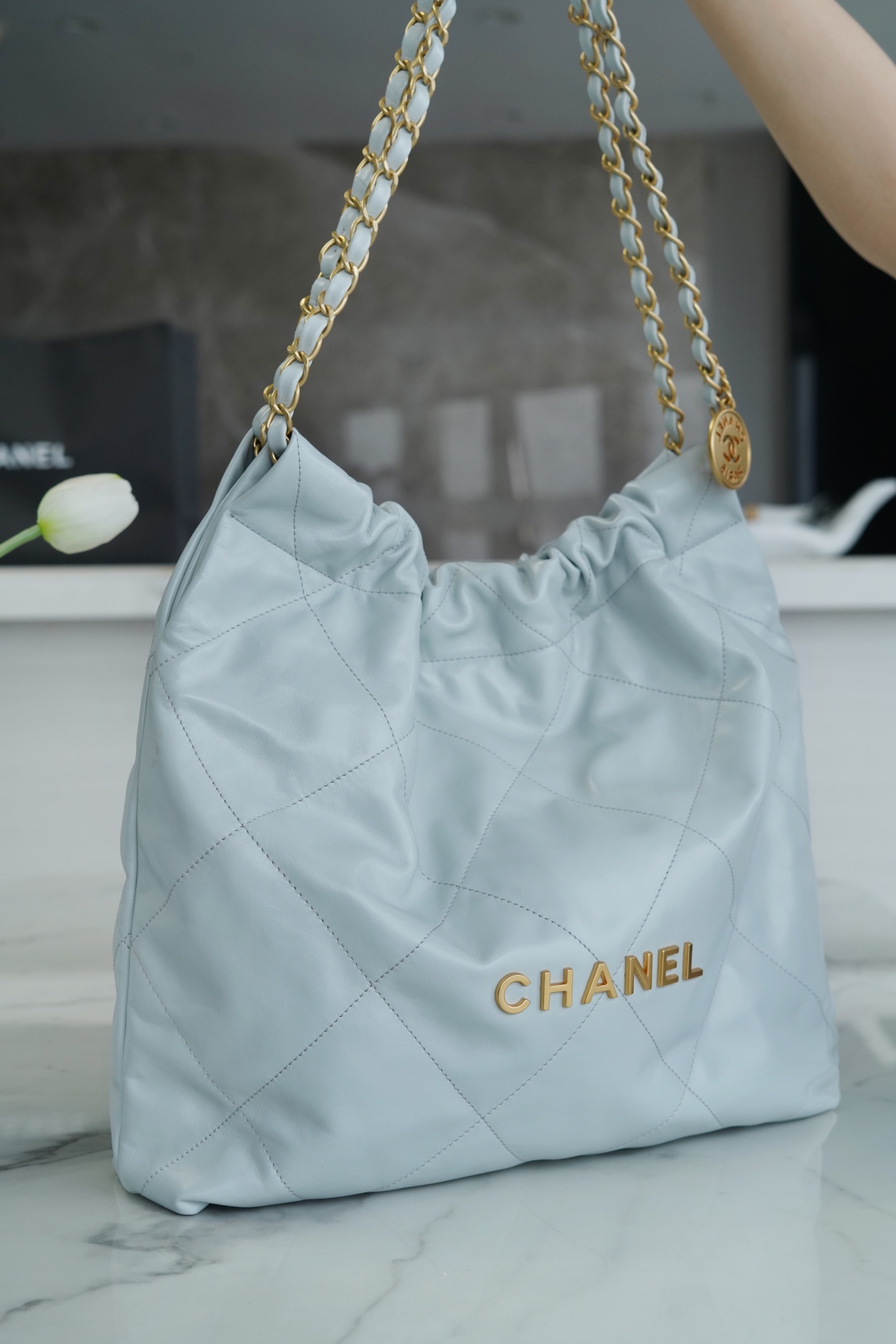 CHANEL 23C 22 Bag Medium Mist Blue Leather  