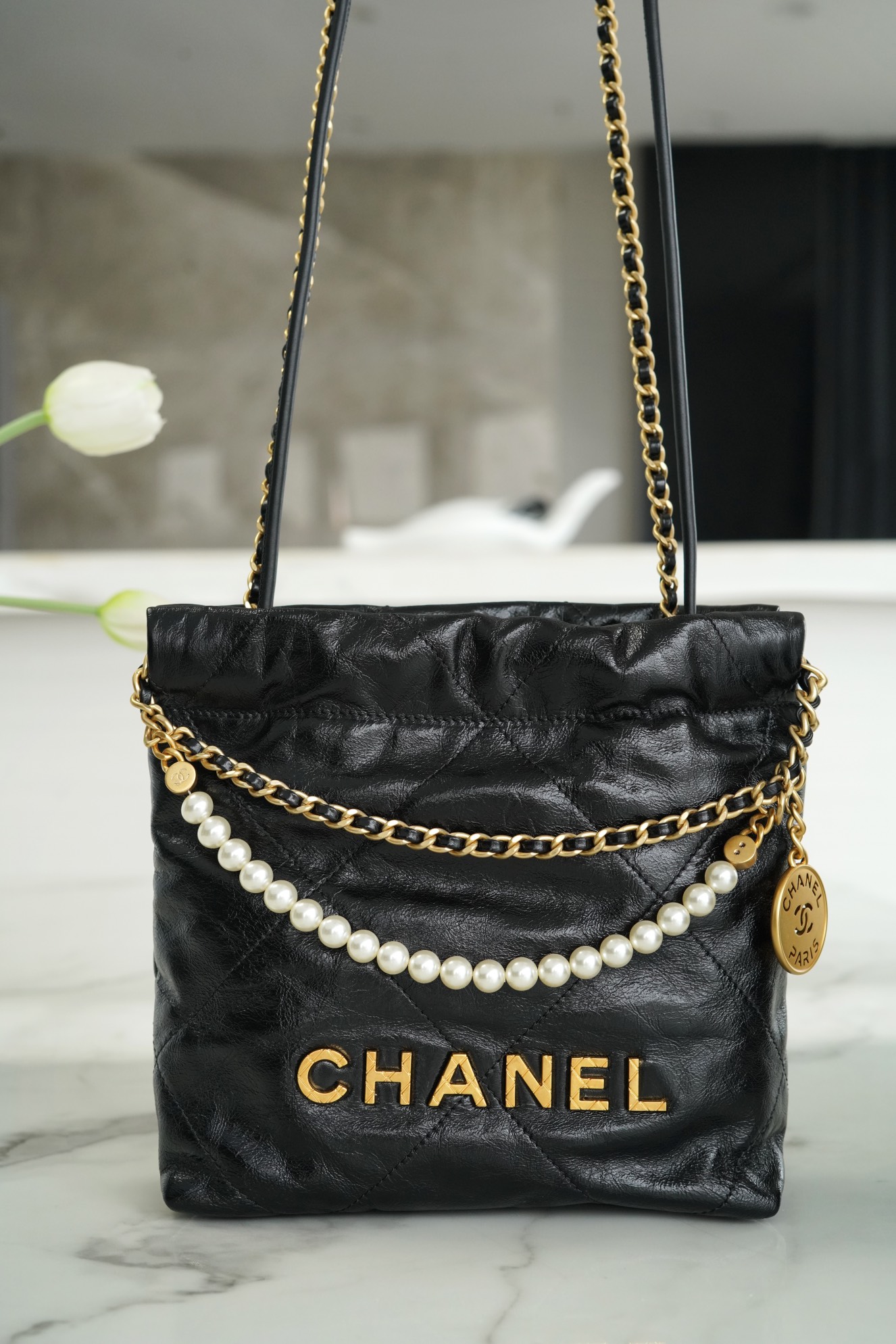 Chanel 23S 22 Mini Pearl Chain Bag Black Wrinkled Calfskin  