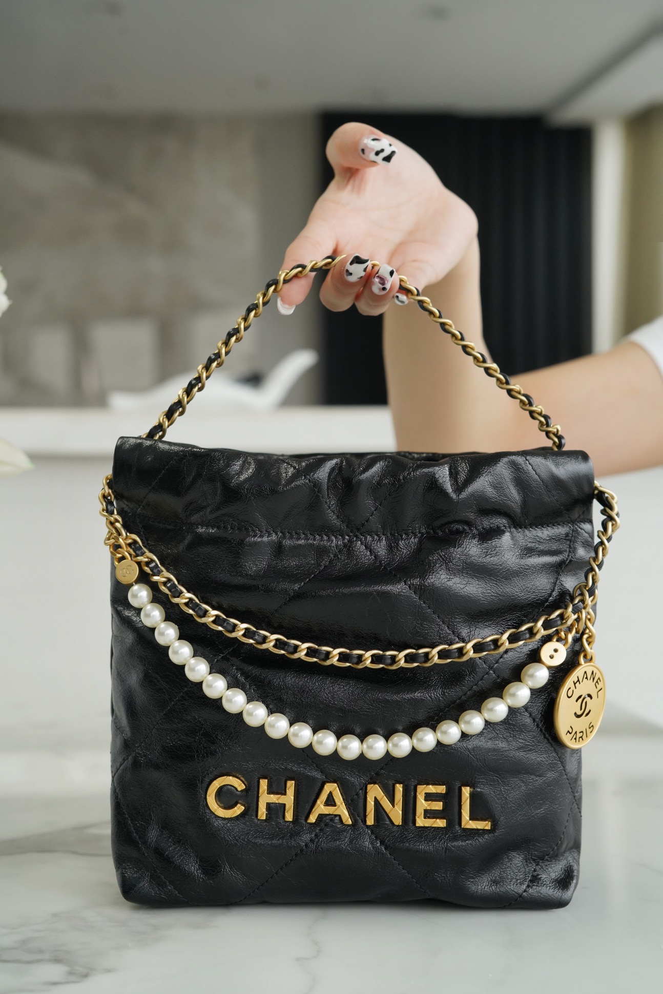 Chanel 23S 22 Mini Pearl Chain Bag Black Wrinkled Calfskin  