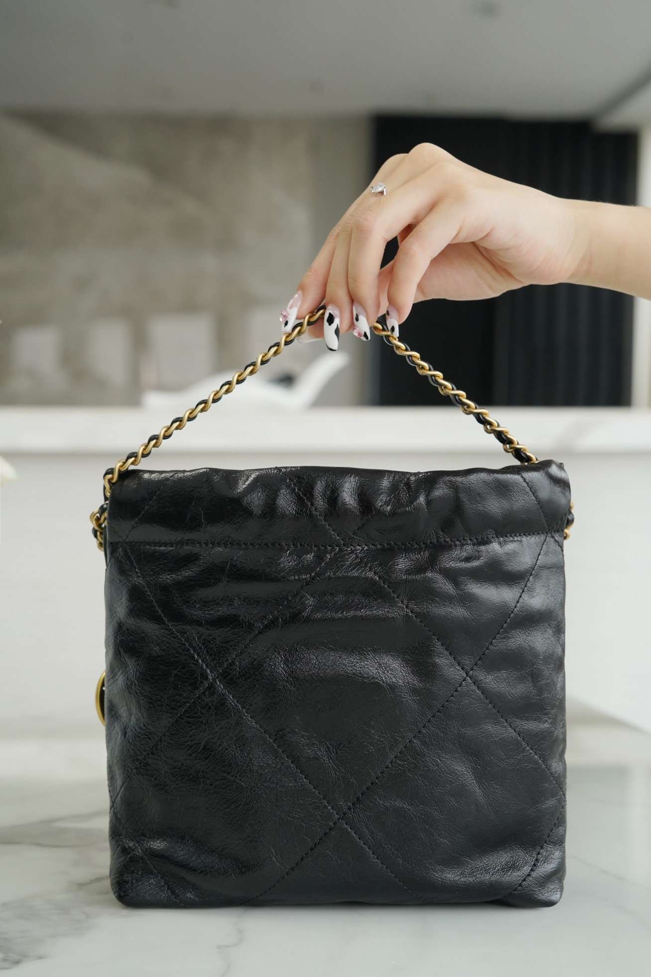 Chanel 23S 22 Mini Pearl Chain Bag Black Wrinkled Calfskin  