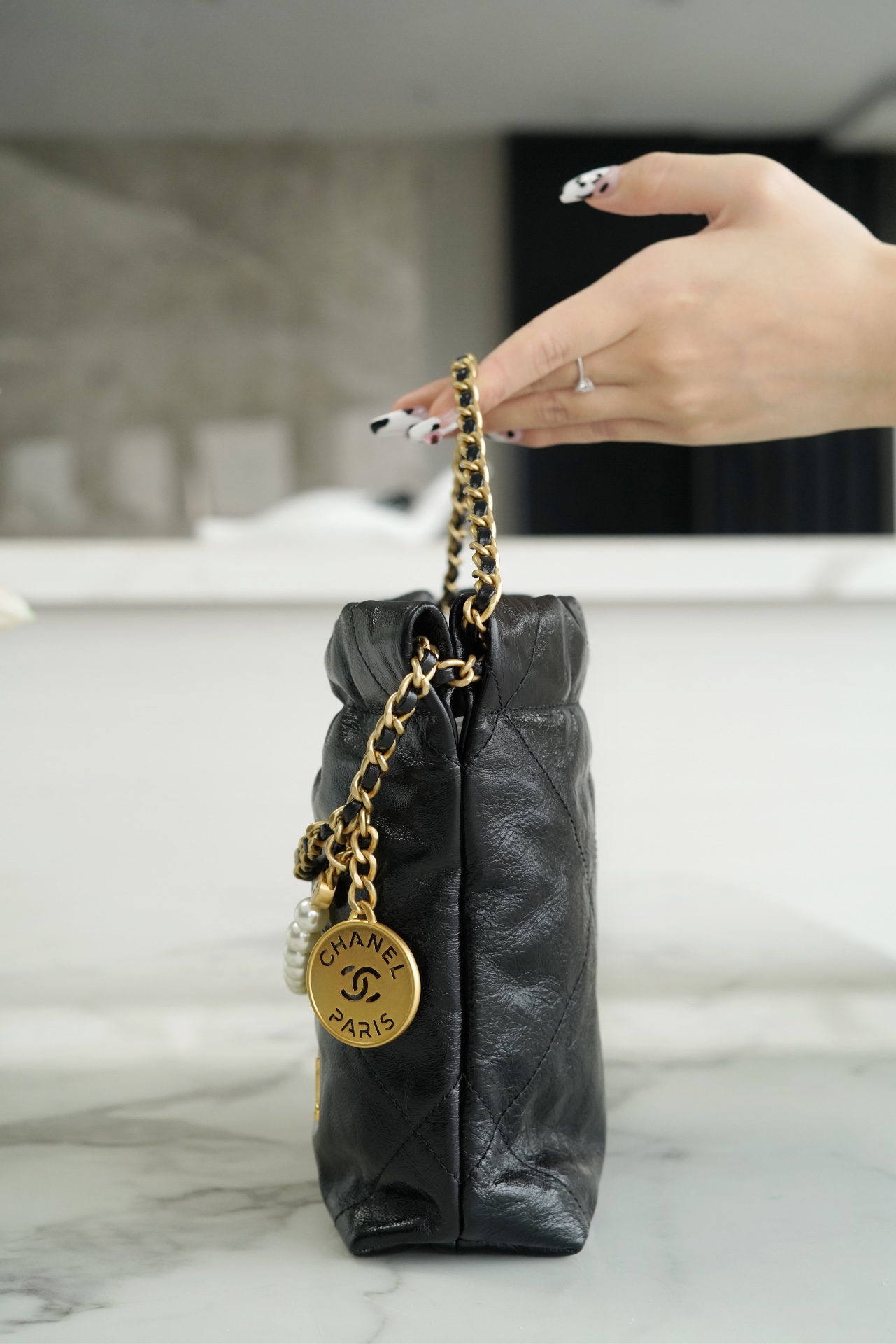 Chanel 23S 22 Mini Pearl Chain Bag Black Wrinkled Calfskin  