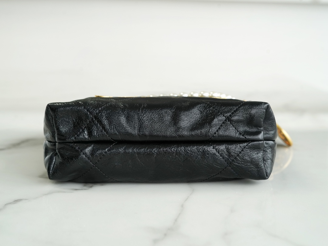 Chanel 23S 22 Mini Pearl Chain Bag Black Wrinkled Calfskin  