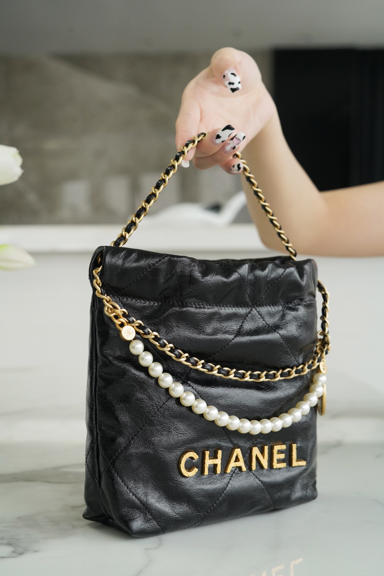 Chanel 23S 22 Mini Pearl Chain Bag Black Wrinkled Calfskin  