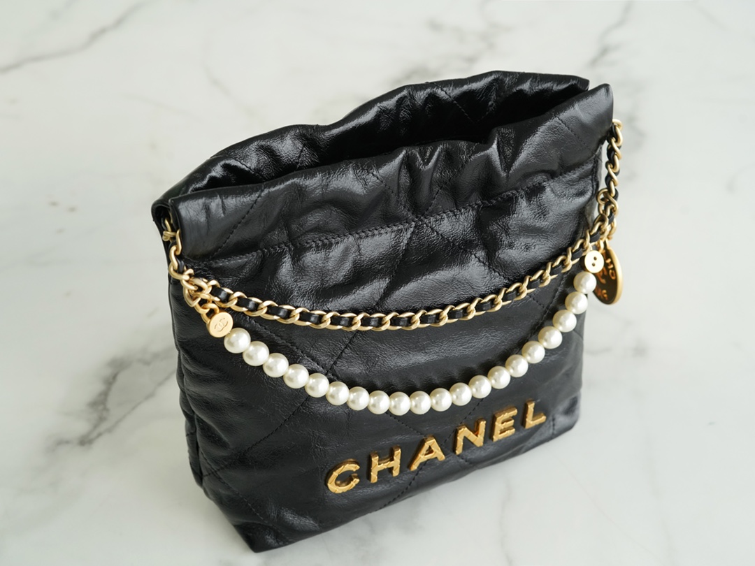 Chanel 23S 22 Mini Pearl Chain Bag Black Wrinkled Calfskin  