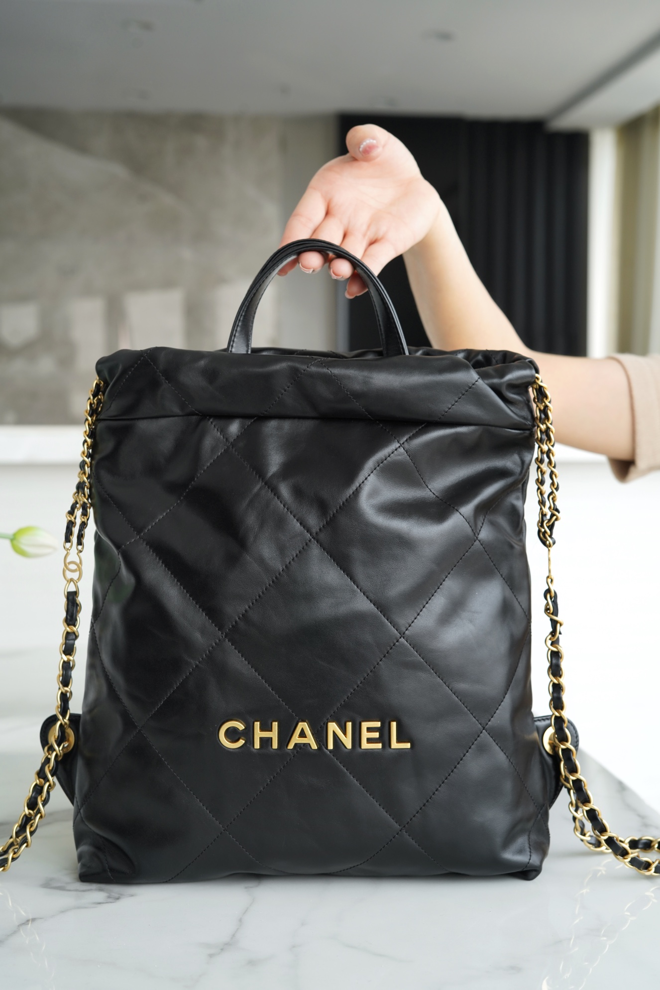 CHANEL 23P Spring/Summer New Small Backpack Black Glossy Calfskin  