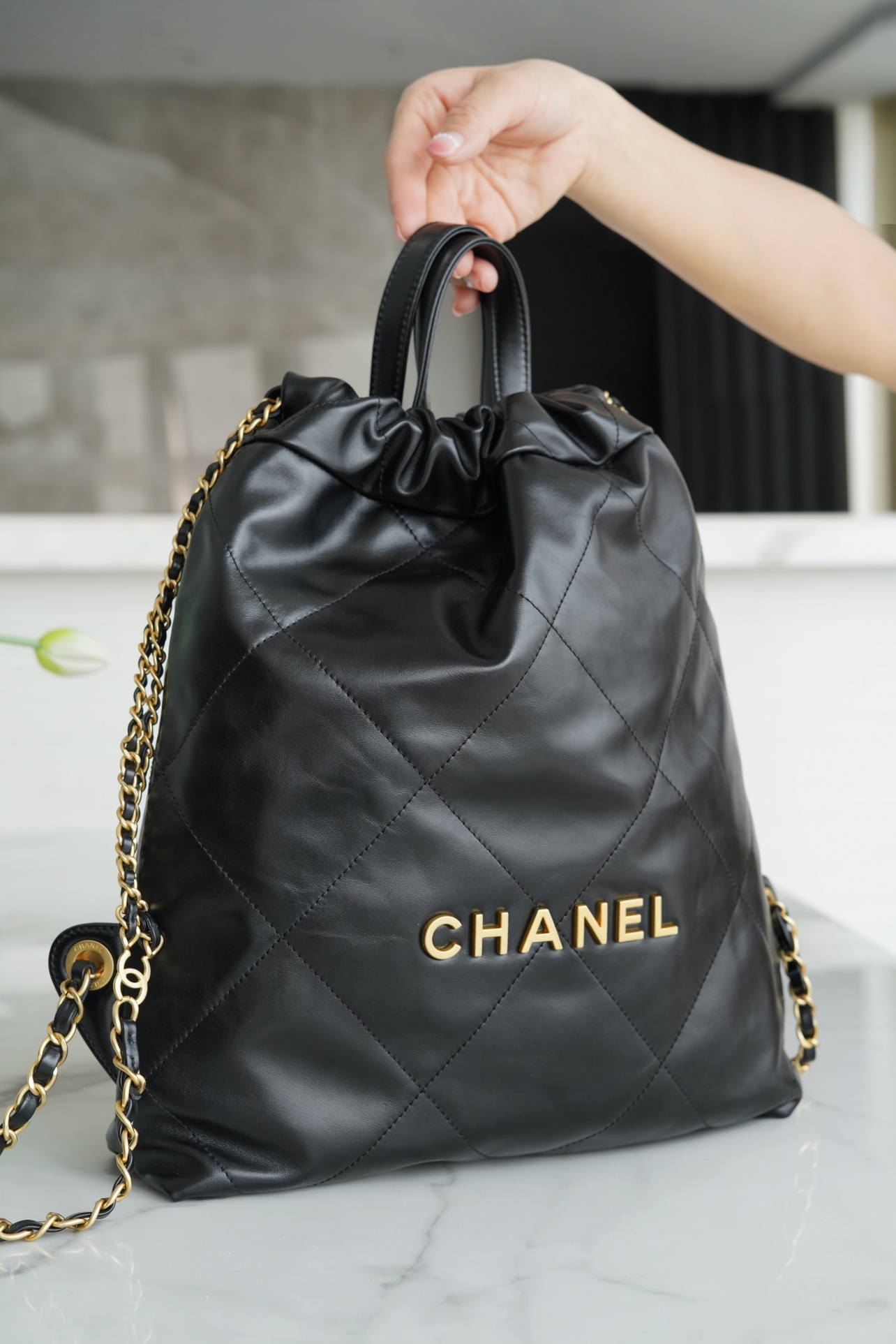 CHANEL 23P Spring/Summer New Small Backpack Black Glossy Calfskin  