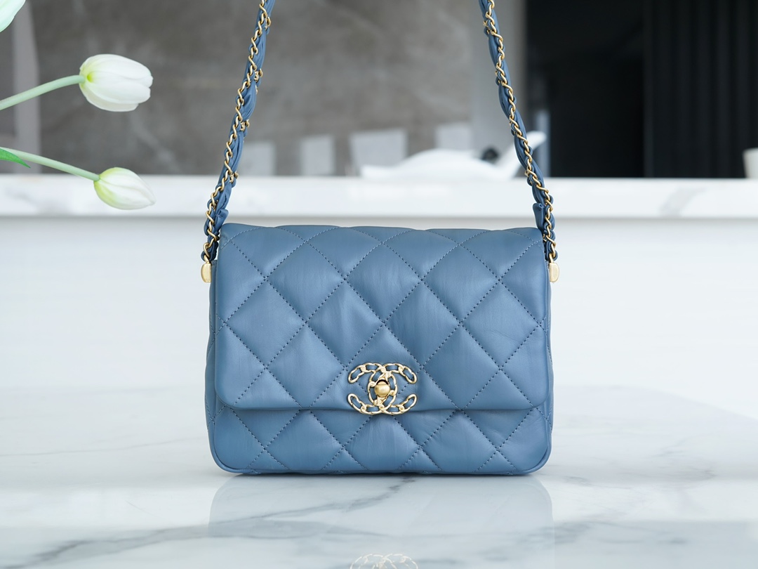 CHANEL 23K Autumn/Winter 19 Wide Strap Flap Bag Mist Blue Black & Gold Wrinkled Calfskin  