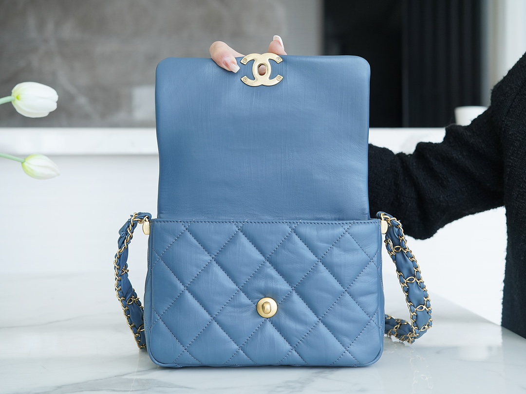 CHANEL 23K Autumn/Winter 19 Wide Strap Flap Bag Mist Blue Black & Gold Wrinkled Calfskin  