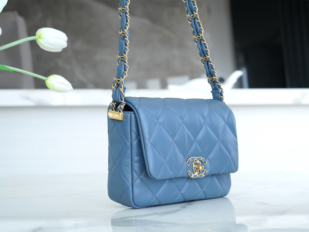 CHANEL 23K Autumn/Winter 19 Wide Strap Flap Bag Mist Blue Black & Gold Wrinkled Calfskin  