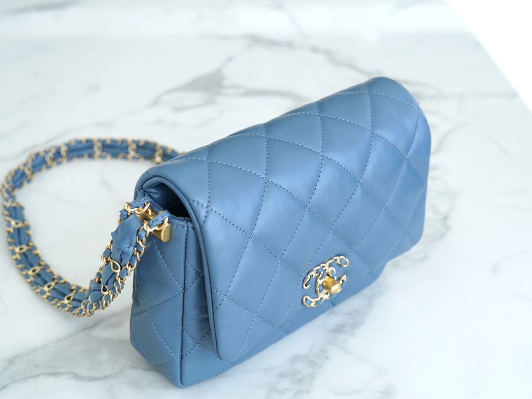 CHANEL 23K Autumn/Winter 19 Wide Strap Flap Bag Mist Blue Black & Gold Wrinkled Calfskin  