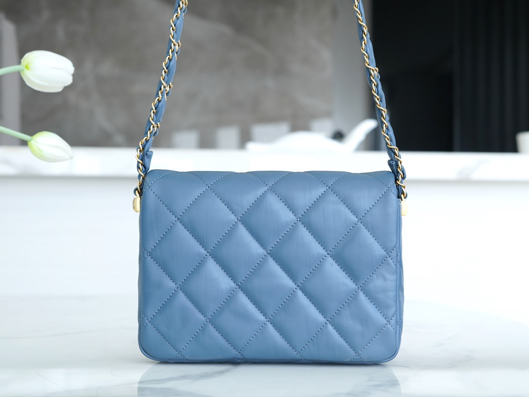 CHANEL 23K Autumn/Winter 19 Wide Strap Flap Bag Mist Blue Black & Gold Wrinkled Calfskin  