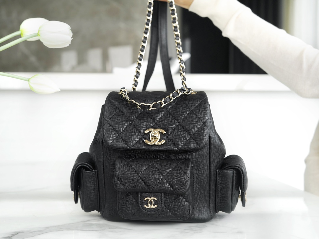 CHANEL 23K Duma Backpack Small Black Calfskin  