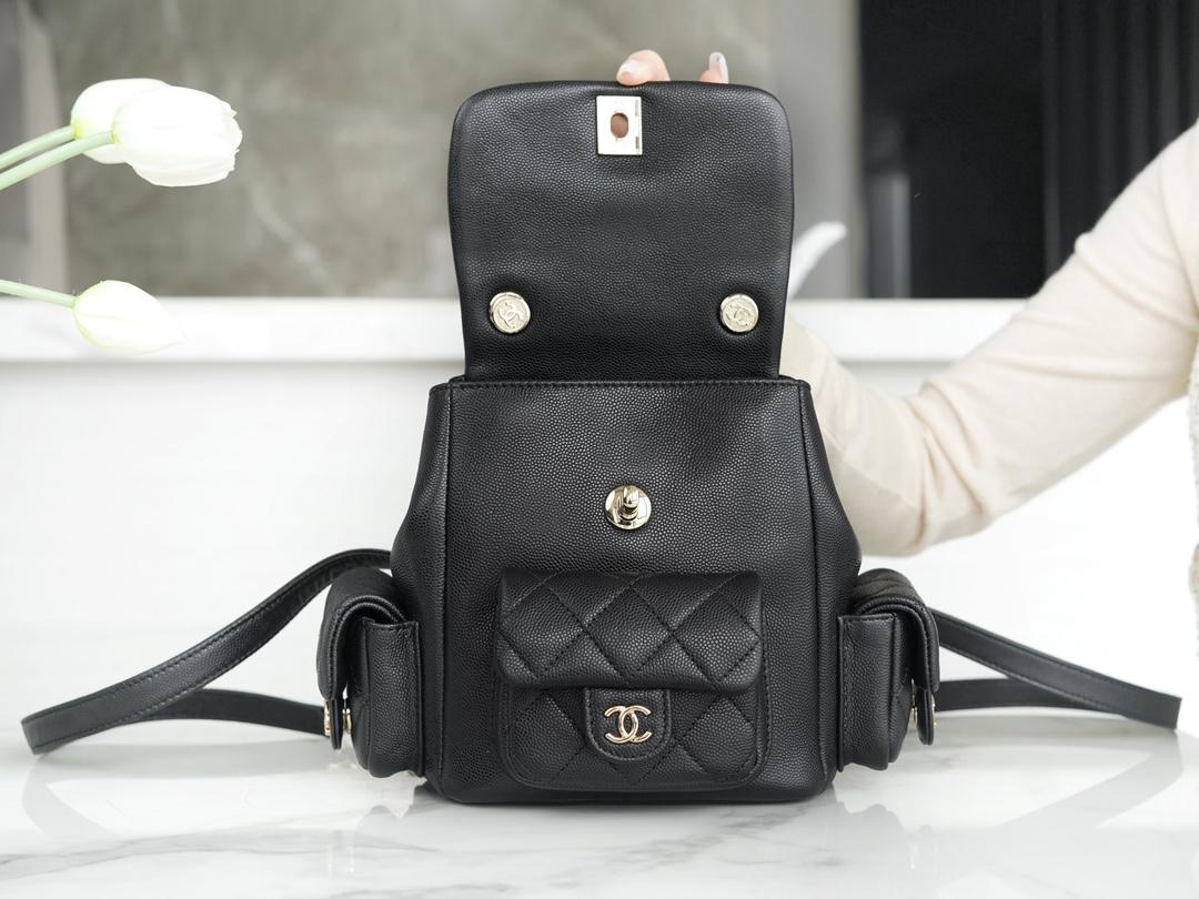 CHANEL 23K Duma Backpack Small Black Calfskin  