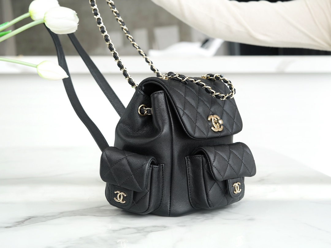 CHANEL 23K Duma Backpack Small Black Calfskin  