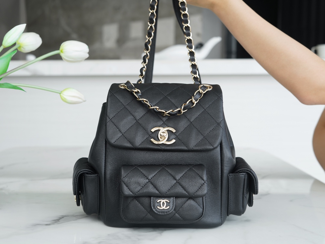 CHANEL 23K New Tank Duma Backpack Large Black Calfskin  