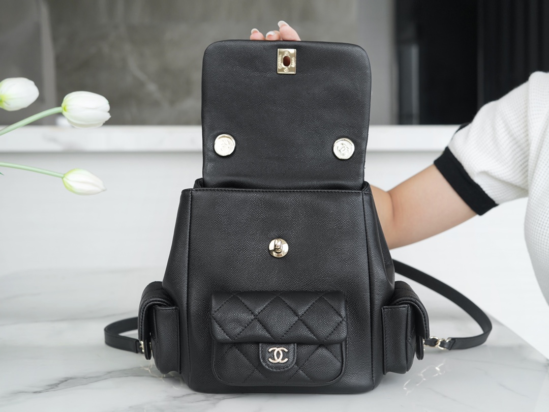 CHANEL 23K New Tank Duma Backpack Large Black Calfskin  