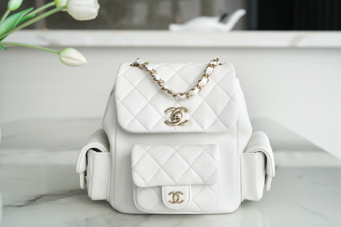 CHANEL 23K Duma Backpack Small White Caviar Calfskin  